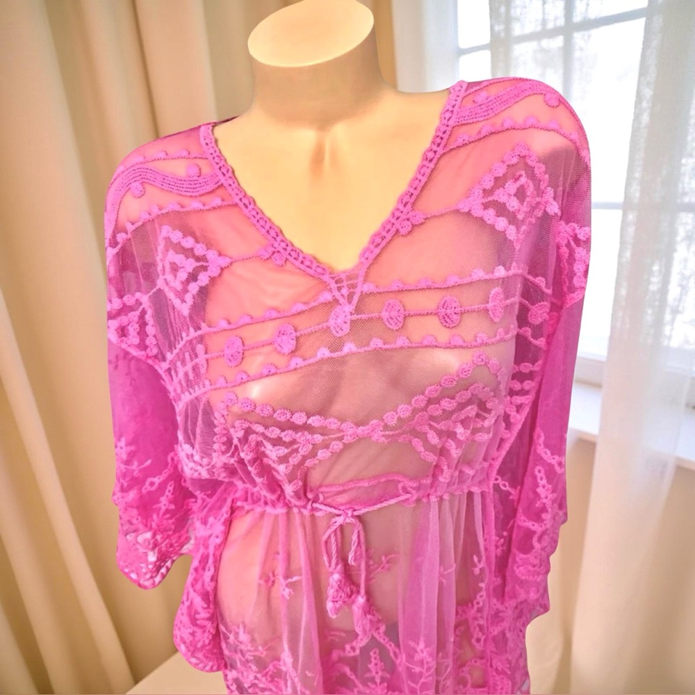 Vince Camuto Hot Pink Boho Embroidered Swim Coverup Vacation Beach Pool - Picture 15 of 15